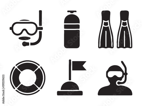 separate undersea dive and snorkel silhouette icons: snorkel mask, air tank, flippers, lifebuoy ring, buoy flag icon, diver silhouette