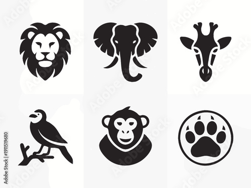 separate zoo and wildlife park symbol silhouette icons: lion head, elephant head, giraffe head, monkey head, bird perched on branch, paw in circle