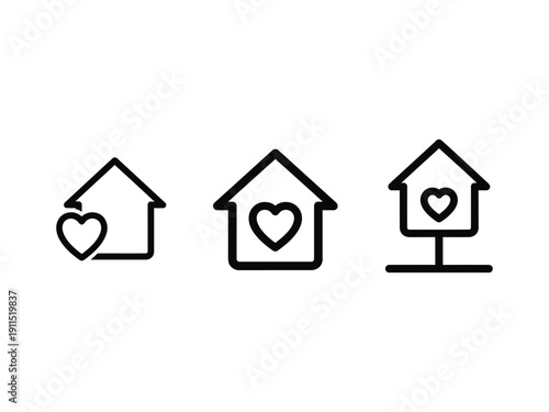 Three simple house icons with hearts, symbolizing home, love, family, real estate, and cozy living.