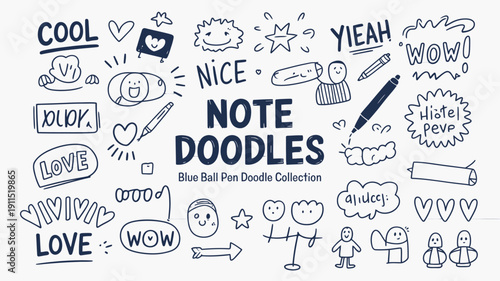 A collection of hand drawn doodles and handwritten words including cool love wow and note doodles on lined paper high quality professional detailed modern elegant stylish