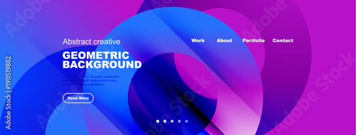 Abstract design features vibrant blue, purple gradients. Text highlights geometric background, navigation options present. Modern, clean aesthetic.