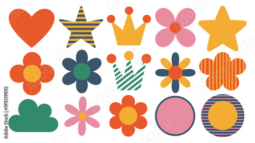 A colorful arrangement of playful stickers depicting hearts stars flowers crowns and other whimsical shapes on a white background high quality professional detailed modern elegant stylish