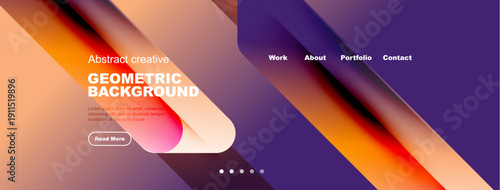 Abstract website header design. Gradient colors, geometric shapes, text elements present. Navigation menu visible. Modern style.