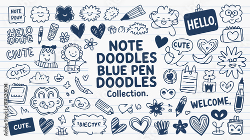 A colorful collection of hand drawn doodles including hearts smiley faces flowers pens bananas and written notes on lined paper high quality professional detailed modern elegant