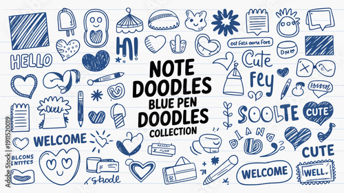 A collection of hand drawn blue doodles on lined paper including hearts speech bubbles food items and handwritten notes high quality professional detailed modern elegant stylish
