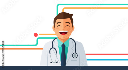 Happy Male Doctor Smiling. Healthcare Professional Portrait with Stethoscope. Modern Vector Illustration for Medical Consultation and Telemedicine.