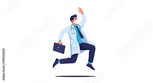 Energetic Doctor Running Fast in Protective Mask. Medical Professional Jumps with Briefcase, Symbolizing Urgency and Swift Healthcare Service.