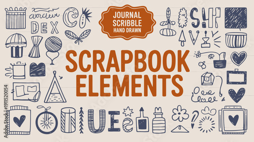 A colorful doodle collection features hand drawn elements like a journal camera flowers and various scrapbook supplies on lined paper high quality professional detailed modern elegant