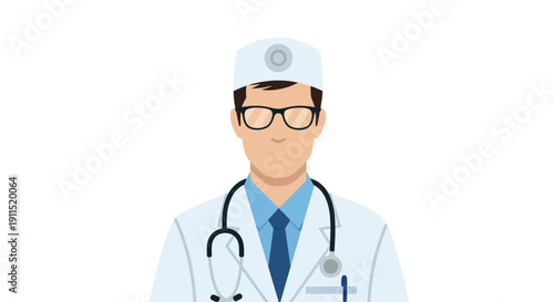 Flat Vector Doctor Avatar Icon: Male Physician with Glasses, Stethoscope, and Lab Coat. Healthcare Professional Illustration on White Background.
