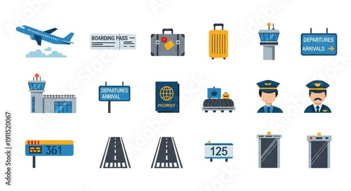 Collection of airport and travel related icons and illustrations.