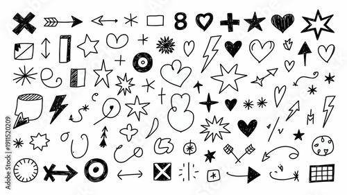 A collection of hand drawn doodle elements including arrows hearts stars and various abstract shapes arranged in a chaotic playful composition high quality professional detailed modern