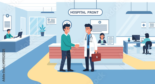 Professional Doctor and Patient Handshake in Hospital Reception Lobby. Modern healthcare environment vector illustration.