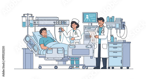 Professional medical staff providing hospital care: Doctor and nurse attending to a patient in bed with IV drip, checking treatment charts. Outline vector illustration.