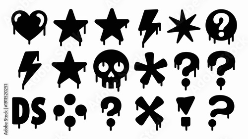 A collection of black dripping symbols including hearts stars skulls lightning bolts and question marks are arranged closely together high quality professional detailed modern elegant stylish