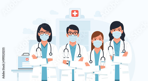 Professional Healthcare Team (Doctors/Nurses) Wearing Medical Face Masks and Lab Coats. Confident Medical Staff Vector Illustration.