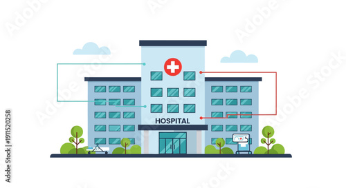 Flat Design Vector of Modern Hospital Building. Integrated Healthcare Facility Network and Telemedicine Concept.