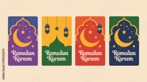 Four rectangular cards display ramadan kareem greetings with crescent moons stars and hanging lanterns each in a different color high quality professional detailed modern elegant stylish