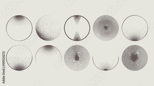 An abstract composition showcases nine circular forms each filled with concentric dotted lines creating a wave like visual effect high quality professional detailed modern elegant stylish