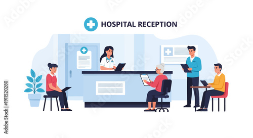 Hospital Reception Desk Illustration. Nurse Assistant Registers Patients Checking In, Waiting Room Administration and Healthcare Support Concept.