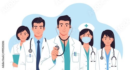 Diverse Medical Team Illustration: Group of Doctors, Nurses, and Healthcare Professionals Staff Standing Together