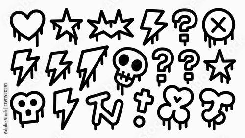 A collection of quirky hand drawn doodle icons in black outlines fills the frame featuring symbols like hearts stars and skulls high quality professional detailed modern