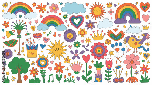 A vibrant collection of cartoon illustrations features rainbows flowers clouds suns birds hearts and crowns arranged on a white background high quality professional detailed modern elegant
