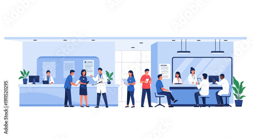 Hospital Reception Desk with Doctors, Nurses, and Medical Staff. Healthcare Administration and Clinic Service Workflow.