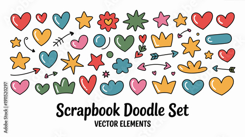 A colorful assortment of hand drawn doodle elements including hearts stars flowers crowns and arrows arranged in a playful pattern high quality professional detailed modern elegant