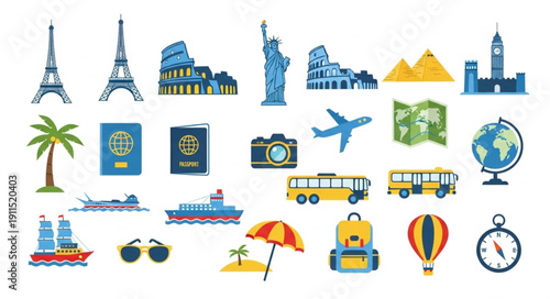 Collection of Travel Icons and Landmarks.