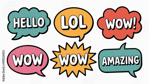 A colorful collection of speech bubbles and starbursts displaying popular internet slang such as hello lol wow and amazing high quality professional detailed modern elegant stylish