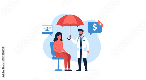 Health Insurance Coverage Concept: Doctor Protecting Patient with Umbrella. Financial Security and Medical Safety Illustration.