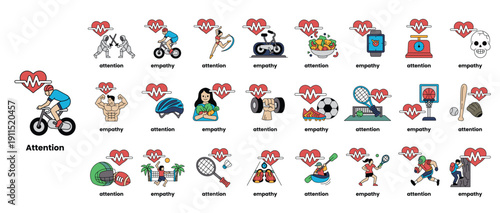 The image is a collection of various heart-themed icons, including sports, food