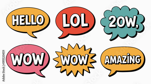 A collection of colorful cartoon style speech bubbles displays various internet slang expressions including hello lol wow and amazing high quality professional detailed modern elegant stylish