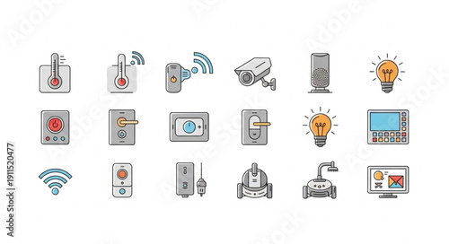 Collection of smart home technology icons and symbols.