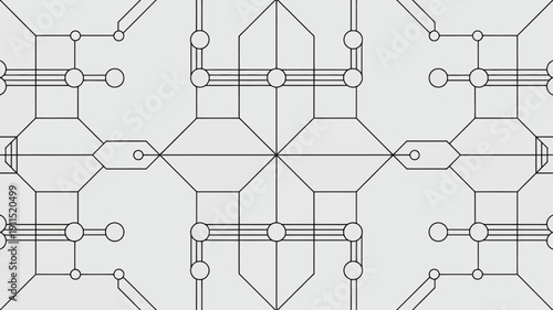 An intricate symmetrical pattern of interconnected lines and circles creates a seamless geometric and minimalist design on a light grey background high quality professional detailed modern