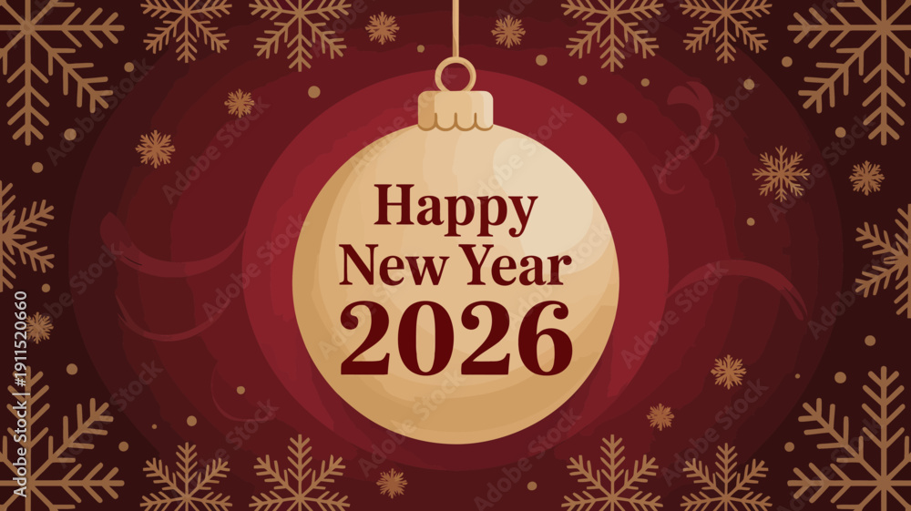 Fototapeta premium A vibrant red christmas ornament displays a happy new year 2026 message set against a patterned background of snowflakes high quality professional detailed modern elegant stylish
