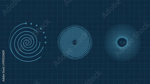 A digital illustration displays three spiral patterns progressing from a loose coil to a dense circular design on a dark grid high quality professional detailed modern