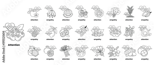A series of black and white images of flowers and fruit