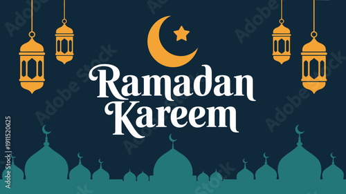 A vibrant ramadan kareem greeting features a golden crescent moon ornate lanterns and stylized mosque silhouettes against a teal background high quality professional detailed modern elegant