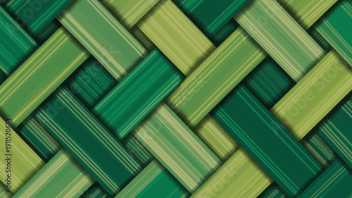 An abstract composition displays a woven pattern of overlapping rectangular strips in varying shades of green and pale yellow high quality professional detailed modern elegant stylish
