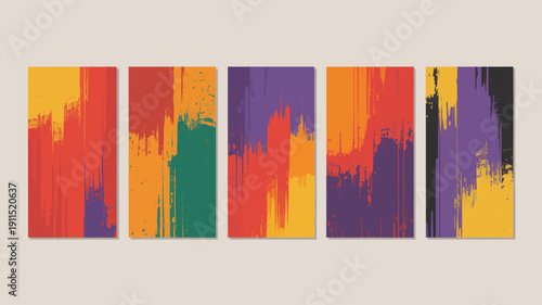 A vibrant abstract artwork featuring five vertically oriented panels with bold textured brushstrokes in a diverse color palette high quality professional detailed modern elegant stylish clean
