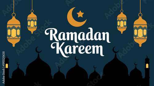 A vibrant ramadan kareem illustration features hanging lanterns a crescent moon a star and a silhouetted mosque skyline below high quality professional detailed modern elegant stylish