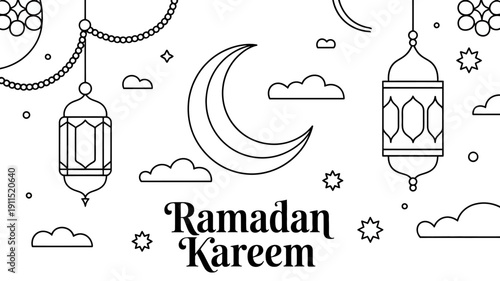 A delicate linear illustration depicts ramadan decorations including lanterns a crescent moon stars and clouds with the text ramadan kareem high quality professional detailed modern elegant