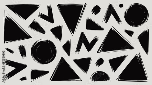 An abstract composition features a chaotic arrangement of black shapes triangles circles and brushstrokes against a neutral off white background high quality professional detailed modern elegant