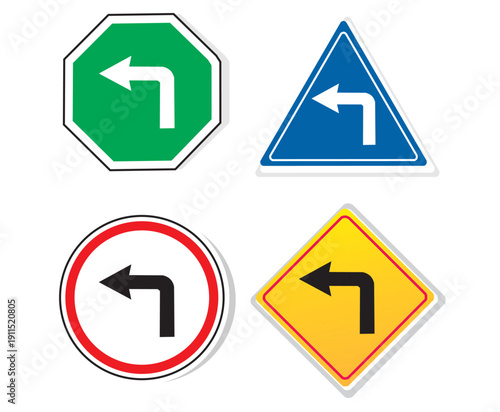 Set of only Turn left traffic road sign with black and white arrow on green, blue, white and yellow traffic sign board. Traffic road sign symbol