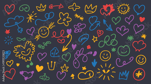 A vibrant and playful pattern of colorful hand drawn doodles fills the dark background featuring hearts crowns flowers and smiling faces high quality professional detailed modern