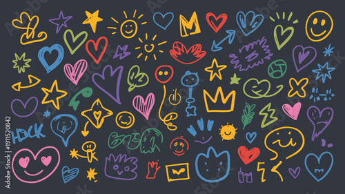 A vibrant collection of colorful hand drawn doodle illustrations featuring hearts stars smiley faces and various whimsical shapes high quality professional detailed modern elegant stylish clean