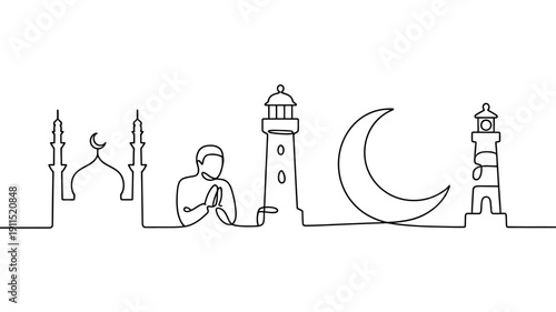 A continuous line drawing depicts islamic architectural elements including a crescent moon minarets and a stylized arabesque design high quality professional detailed modern elegant stylish clean