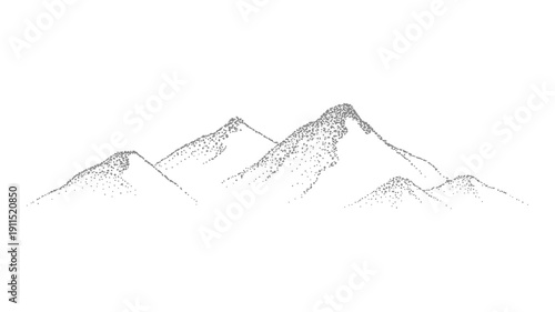 A minimalist black and white illustration depicts a range of jagged mountain peaks created with a stippling technique for a textured effect high quality professional detailed