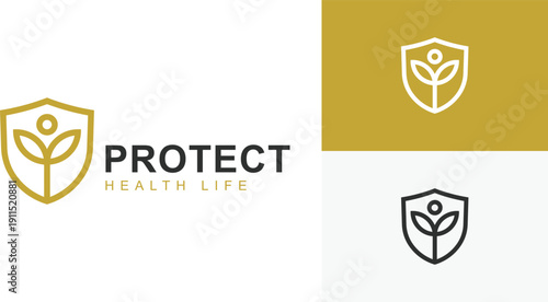 Health life protection logo icon design with shield graphic symbol for wellness center medic logo template 